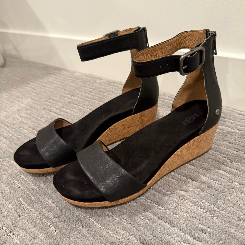 UGG Black and Tan Wedge Sandals